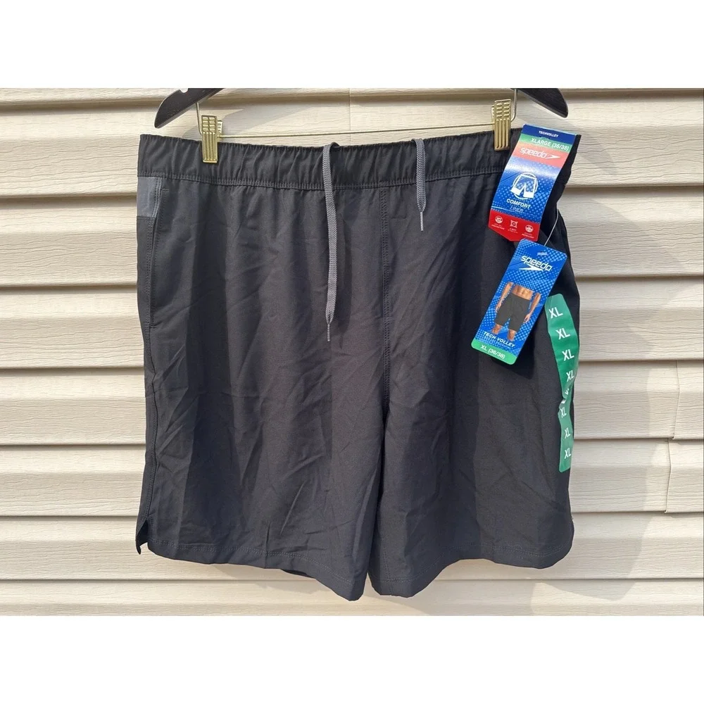 NEW Men's Speedo Techvolley Stretch Lined UPF50+ Swim Trunks Black XL‎